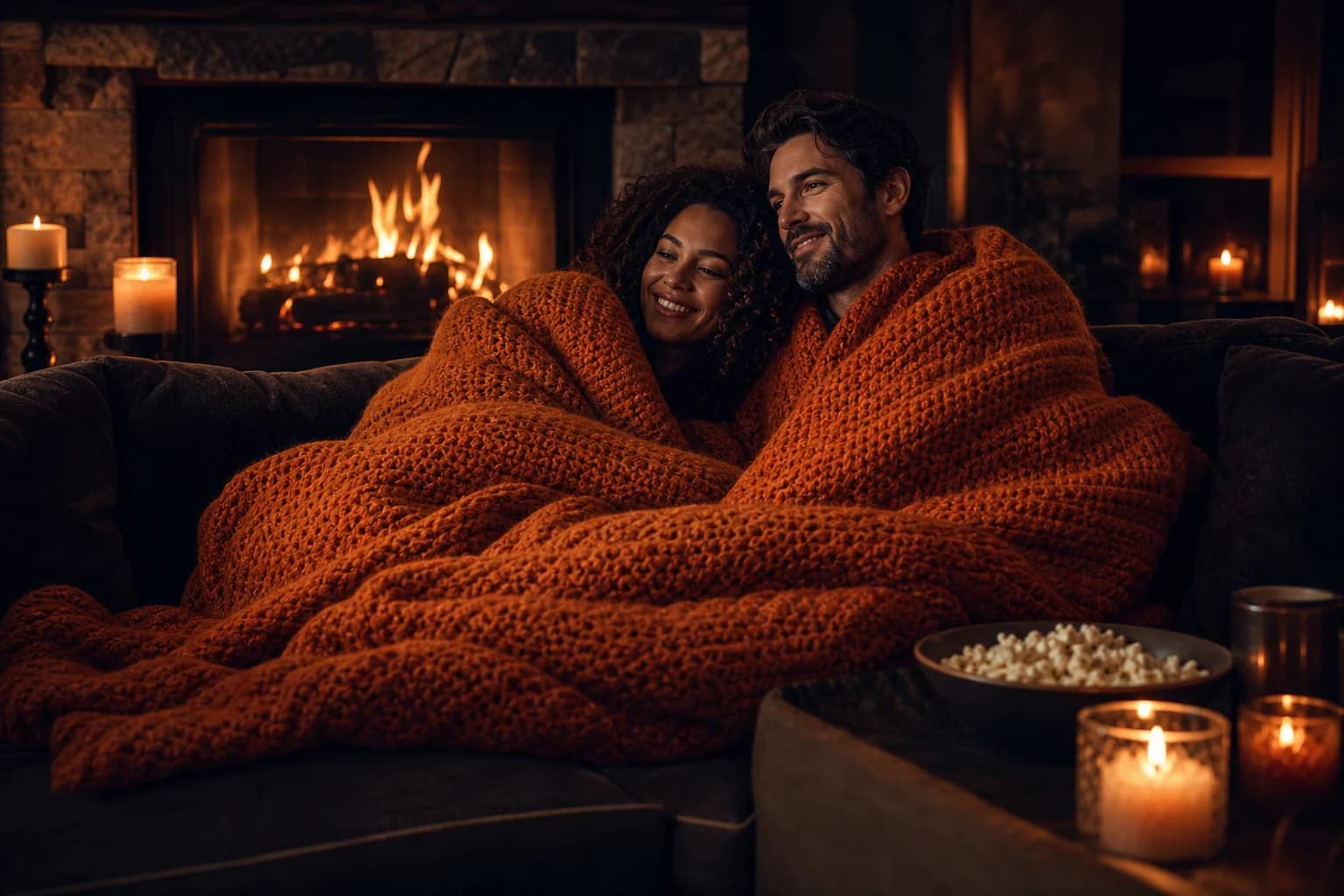Two people wrapped in a pumpkin-orange knit blanket by the fireplace