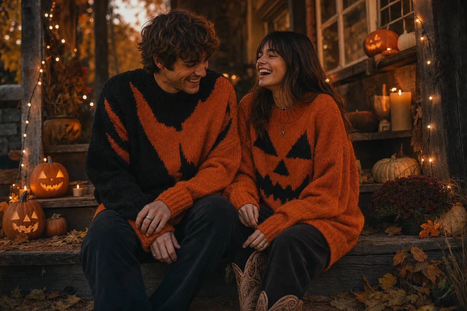 Two friends in pumpkin-orange and black knitwear on a candlelit autumn porch